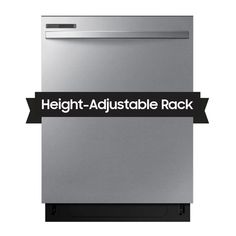 a dishwasher with the words height adjustable rack on it's side