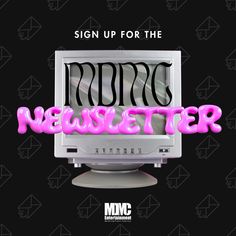 the sign up for the radio letter is displayed in front of a black background with pink letters