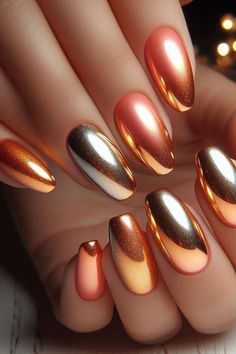 Fun Gold Nails, Orange Chrome Nails Summer, Chrome Fall Nail Designs, Coral And Gold Nails Design, Nail Colors Chrome, Orange Chrome Nails Designs, Mirror Nails Design, Fall Chrome Nails Designs, Chrome Gold Nails