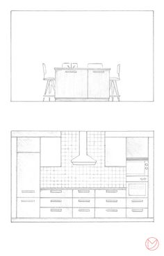 two drawings showing the kitchen and dining area