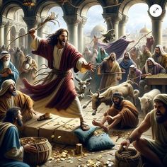 jesus in the temple surrounded by animals and other people with his arms out to catch money