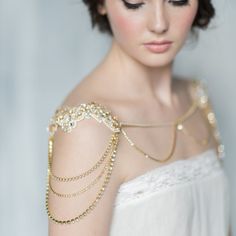 "Two beautiful epaulettes of venice lace just wrap perfectly around the shoulder and are hand beaded with Preciosa crystals. Draped down the shoulders are beautiful Preciosa crystal chain loops. Simple beautiful chain drapes down the front of this necklace with a small crystal tear drop. The back is where the drama lies on this piece where 3 tiered cascading crystal chains drape down from each beaded piece of lace. Dripping from each chain is a beautiful handset crystal. Gorgeous! The Fine Detai Statement Necklace Wedding, Bridal Capelet, Shoulder Bones, Shoulder Jewelry, Silver Statement Necklace, Shoulder Necklace, Chain Loop, Silver Necklace Statement, Back Necklace