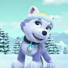 a cartoon dog is standing in the snow with his paw patrol hat on and looking at something