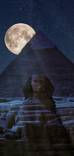 an image of the great sphinx at night in front of the moon and stars above it