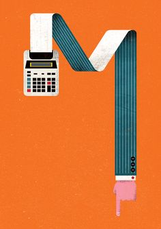 a calculator is hanging from the side of a letter m with an orange background