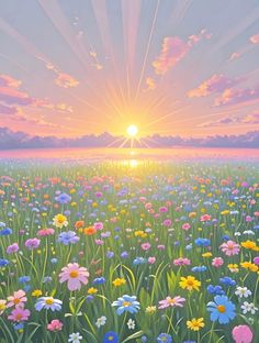 the sun is setting over a field full of wildflowers and daisies in this painting