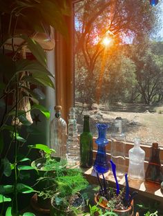 the sun shines brightly through an open window in a house filled with plants and vases