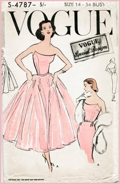 Late 1950s ball gown or slim fitting evening dress pattern. One piece dress with tie-on skirt. Slim two piece skirt joins bare top bodice at waistline. Full circle tie on overskirt, in two lengths, is finished on ribbon waistband that ties in back. Tie on overskirt maybe made in 40s Wedding Dresses, 1950s Ball Gown, Evening Dress Patterns, Vogue Vintage, Strapless Bustier, Fashion Magazine Cover, Pink Posters, Vogue Covers, Couture Vintage