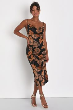 Make the most of any elegant evening by wearing a sensational look like the Lulus Favorite Icon Black Floral Satin Cowl Neck Slip Midi Dress! Luxe woven satin boasts a unique, vintage-inspired floral print throughout as it shapes a sleeveless bodice with a draping cowl neckline and adjustable spaghetti straps. The sexy, slip-style silhouette will effortlessly flatter your figure as it continues down to a sophisticated midi hem. Hidden back zipper/clasp. Floral Satin Dress, Wedding Guest Outfit Fall, Slip Midi Dress, Fall Wedding Guest Dress, Lulu Fashion, Guest Attire, Wedding Attire Guest, Cocktail Attire, Wedding Outfits