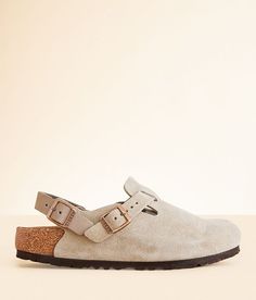 Birkenstock® Tokio Suede Clog - Grey US 7, Women's Taupe Leather slip-on clog Adjustable buckle straps Anatomically shaped cork footbed. Due to the nature of leather/suede, small variances of color in the skin may occur, this is in no way considered a defect. These are inherent characteristics of leather/suede and will enhance the individual look of your garment.. Upper: Suede leather. Insole: Leather. Footbed: Natural cork. Outsole: EVA. Apparel & Accessories Birkenstock Clogs Suede, Tokio Birkenstock, Birkenstock Boston Clog Outfit, Boston Clogs Outfit, Birkenstock Tokio, Birkenstock Clogs, Clogs Outfit, Suede Clogs, Shoes Photography