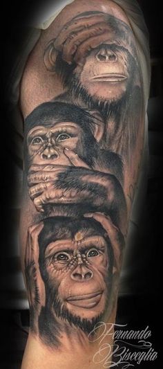 a man's arm with three monkeys on it and the other one is wearing a hat