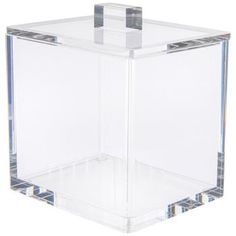 a clear square object with silver accents on the top and bottom, sitting in front of a white background