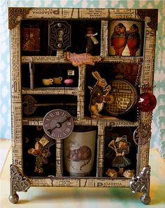 an altered dollhouse with many items on it's shelf and clock in the middle