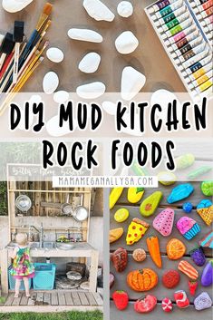 there are many different pictures with the words diy mud kitchen rock foods on them