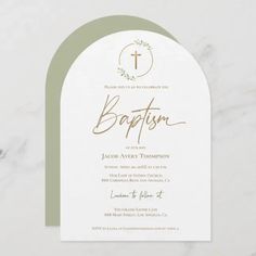 Celebrate the sacred occasion of your baby boy’s Baptism with this Watercolor Laurel Leaves Gold Cross Arch Invitation. Designed with care, it features soft watercolor laurel leaves encircling a gilded gold cross on a pristine white background, paired with modern handlettering script and elegant serif typography. Personalize with your child’s name, Baptism date, ceremony details, reception information, and RSVP instructions to create a heartfelt and memorable invitation.