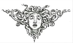 a drawing of a woman's face with snakes around her neck and head in the center