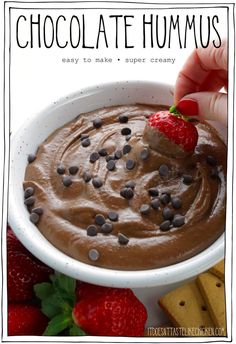 chocolate hummus in a white bowl with strawberries on the side and text overlay