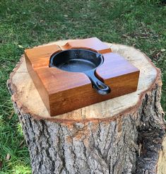 a small cast iron skillet sitting on top of a tree stump in the grass