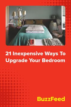 an advertisement for a bed room that is red and white with the words 21 expensive ways to upgrade your bedroom