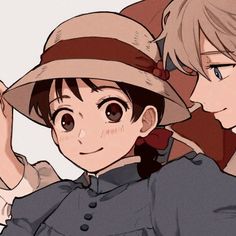 two anime characters with hats on their heads