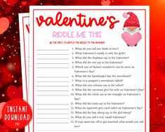 valentine's riddle game for kids with santa hat on it and hearts in the background