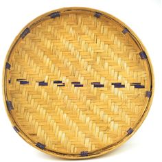 a wicker plate with blue lines on the side is shown in full color and texture