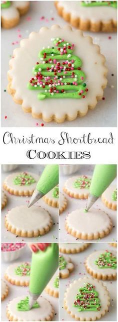 christmas shortbread cookies decorated with icing and sprinkles are being cut in half