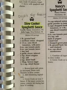 an open recipe book with instructions for how to make slow cooker spaghetti sauce on it