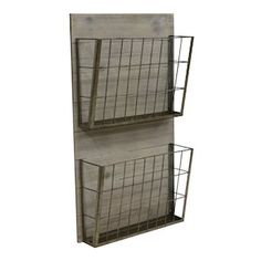 two wooden shelves with metal wire baskets on each shelf, one is open and the other is closed