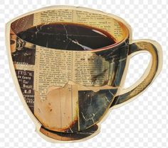 an old newspaper cup filled with tea or coffee on top of a wooden spoon, hd png