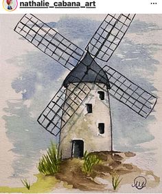 a watercolor painting of a windmill in the grass