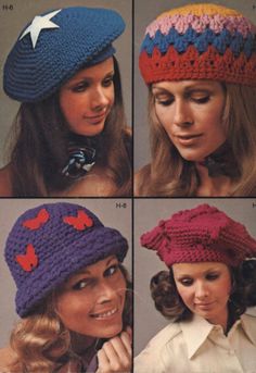 four pictures of women wearing hats made from crochet