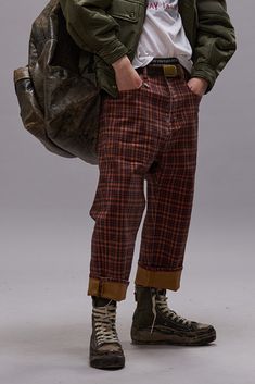 TAILORED DROP - PRINTED AUBURN PLAID - R13 Plaid Trend, Balloon Pants, Trend 2024, City Boy, Design Philosophy, Harness Boots, Japanese Denim, Pretty Clothes, Half Blood