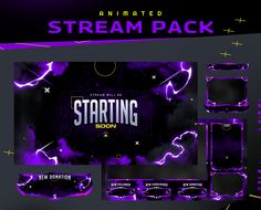 an animated stream pack with neon purple lights and lightning effects on the dark background, it is