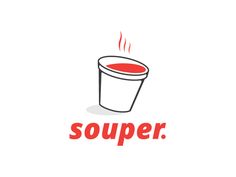 the word souper written in red on a white background with a cup of coffee