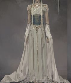 Norse Mythology Outfit, Star Wars Gowns, Elven Outfits Female, Targaryen Dress Design, Priestess Dress, Arwen Outfits, White Robes Fantasy Aesthetic, Sci Fi Princess Dress, White Fantasy Dress For Fantasy Events