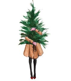 a drawing of a woman carrying a christmas tree on her back with stockings and mittens