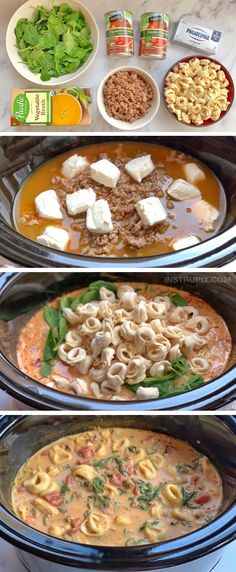 four pictures show different types of food being cooked in the same pans, including pasta and vegetables