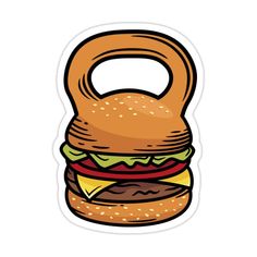 a sticker of a hamburger with a weight on it's side and the word,