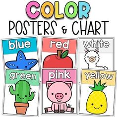 color posters and chart with pictures of animals, plants, and fruits on them in different colors