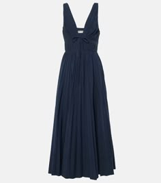 Stephanie plissé cotton-blend gown in blue - Simkhai | Mytheresa Cotton Pleated Maxi Dress For Daywear, Cotton Maxi Dress With Pleated Bodice, Madeline Aesthetic, Navy Wedding Guest Dress, Wedding Guest Dress Navy, Librarian Clothes, Navy Blue Summer Dress, Navy Blue Outfit, Closet Edit