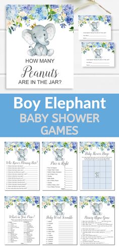 a baby shower game with an elephant on the front and blue flowers in the back