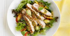 Make the most of seasonal fruit in this vibrant chicken salad. Creamy Dill Dressing Recipe, Passion Fruit Dressing, Chicken Thigh Fillet Recipes, Chicken Mango Salad, Warm Chicken Salad, Fruit Dressing, Hot Chicken Salads, Meals Under 500 Calories, Mango Chicken