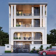 an apartment building with balconies and balconies on the second floor is shown