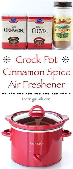 the crock pot cinnamon spice air freshener is in front of an image of two jars