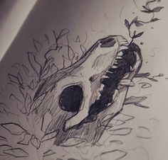 a drawing of a skull in the middle of some leaves and branches on a sheet of paper