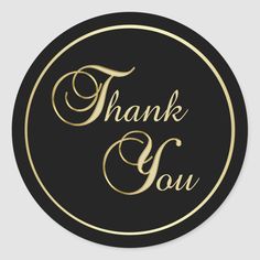 a black and gold thank you sticker with the words, thank you on it