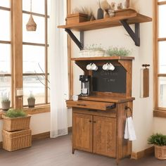 a coffee bar in the corner of a room with wooden shelves and potted plants