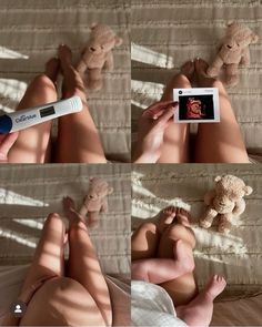 a woman laying on top of a bed next to a teddy bear and an electronic thermometer