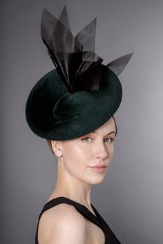 "Eila is a felt saucer hat, made from beautiful high quality velour felt.   This special occasion saucer hat is finished with a wired edge and decorated with a dramatic black crinoline flourish. We would recommend this hat style to clients attending a race event or formal occasion! The hat modelled in shown in 'Deep Forest'.  The hat can also be made in lots of additional colours*, and would be ideal as a women's designer races hat or for attending a wedding. This hat is so flattering, it suits so many face shapes due to it's size and angle.  Please ask if you would like advice on styling before purchasing. Hat Details: * Attaches with millinery headband and comb. * The hat is made to order. * The hat can be made in other base colours, see our velour shades. * Crin Trim is available in bla Capricorn Jewelry, Mini Hats, Ladies Hats, Hat Custom, Cocktail Hat, Soft Shoes, Hat Style, Hat Fashion, Chain Lengths